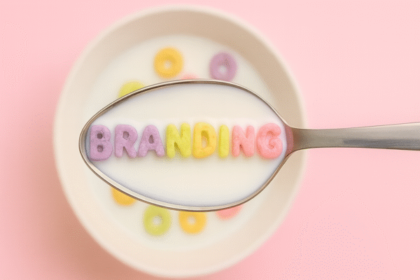Cereales de colores formando la palabra “branding” sobre fondo blanco, representando una marca creativa, divertida y con personalidad.