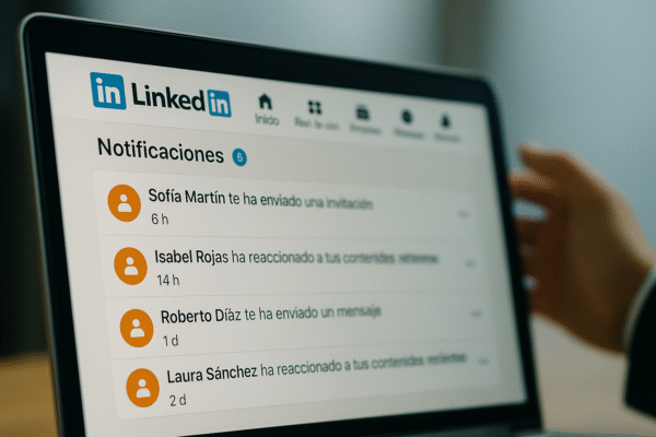 Pantalla de ordenador mostrando notificaciones en LinkedIn en español